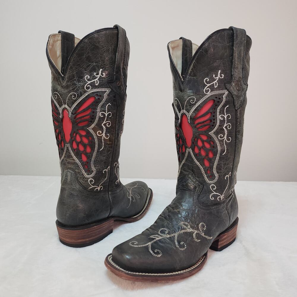 Whimsigoth Dark Fairycore Cowgirl Boots 7 Butterfly Grunge Scene Black Red Emo